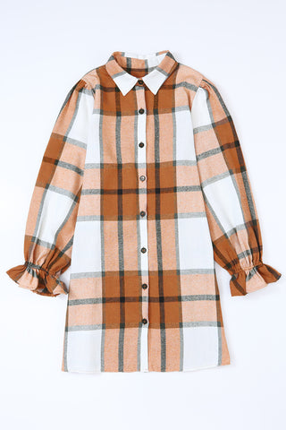 Khaki Plaid Pattern Collared Neck Ruffled Sleeve Shirt Dress - Alleure