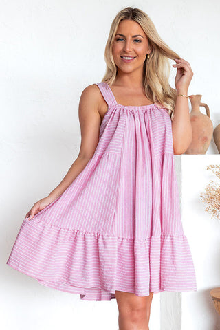 Wholesale Pink Striped Ruffle Hem Sleeveless Mini Flared Dress - Alleure