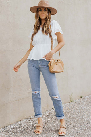 White Short Sleeve Blouse Lace Features