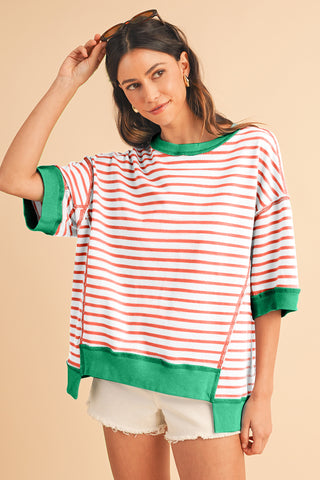 Black Stripe Contrast Trim Drop Sleeve Loose Top - Alleure