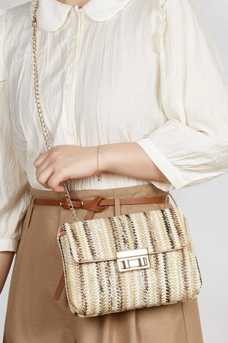 Camel Woven Striped Flapped Single Shoulder Bag - Alleure