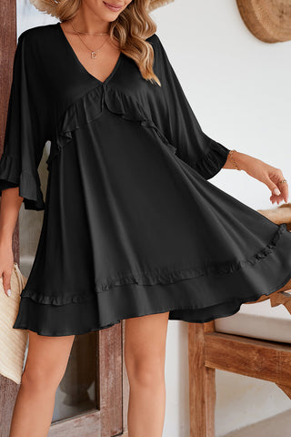 Black Ruffled 3/4 Sleeve V Neck Babydoll Short Dress - Alleure