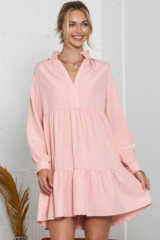 Pink Casual Stand V Neck Short Frill Dress - Alleure