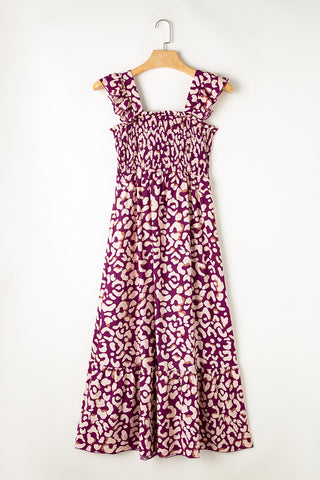 Rose Leopard Ruffle Straps Smocked High Waist Maxi Dress - Alleure