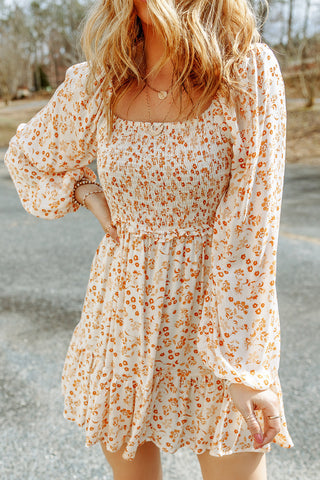 Apricot Boho Floral Smocked Puff Sleeve Short Dress - Alleure