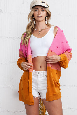 Pompom Colorblock Open Front Cardigan - 3 Colors