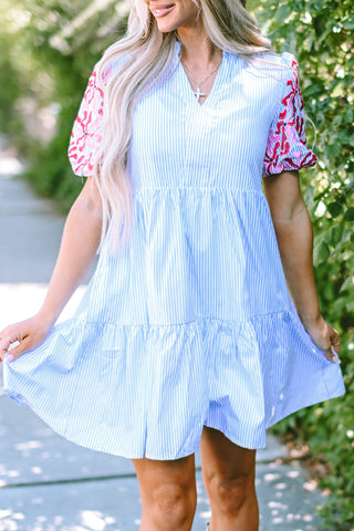 Sky Blue Stripe Floral Puff Sleeve Ruffle Tiered Dress - Alleure