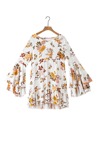 White Floral Layered Flounce Sleeve Ruffle Mini Dress - Alleure