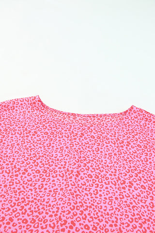 Pink Leopard Print Oversize Blouse Puff Sleeves Shirred Cuffs