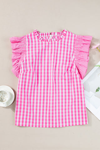 Checkered Blouse with Ruffle Trim Sleeves