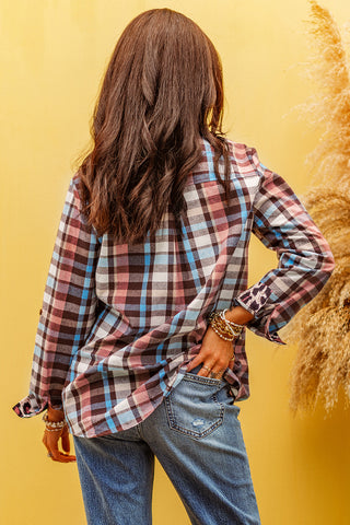 Multicolor Plaid Leopard Trim Blouse