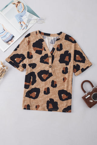 Beige Leopard Print Button V Neck Blouse