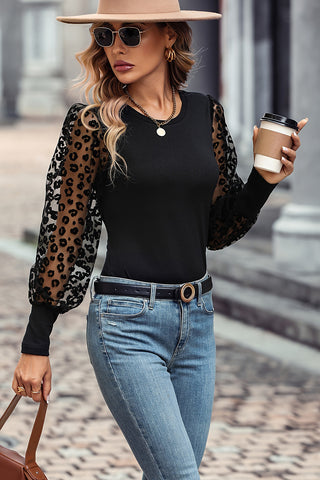 Black Knit with Sheer Leopard Print Long Sleeves