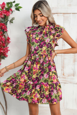 Green Floral Print Flutter Shoulder Ruffled Mini Dress - Alleure