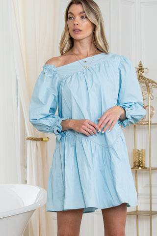 Wholesale Sky Blue Puff Sleeve Asymmetric Pleated Flowy Mini Dress - Alleure