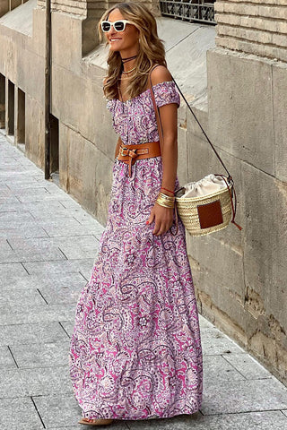 Pink Boho Paisley Print Off Shoulder Maxi Dress - Alleure