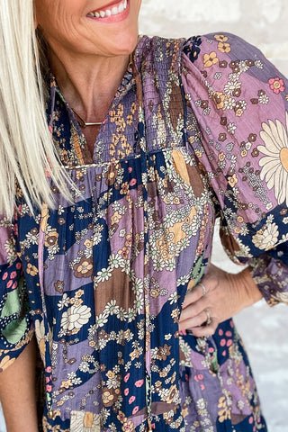 Purple Boho Floral Print Puff Sleeve Flowy Mini Dress - Alleure