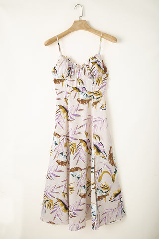 Apricot Tropical Print Spaghetti Straps Cupped Dress - Alleure