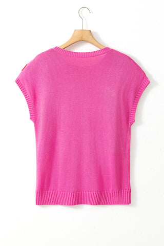 Hot Pink Knit Short Sleeve Top with Embrodiered Red Flowers