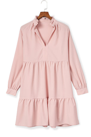 Pink Casual Stand V Neck Short Frill Dress - Alleure