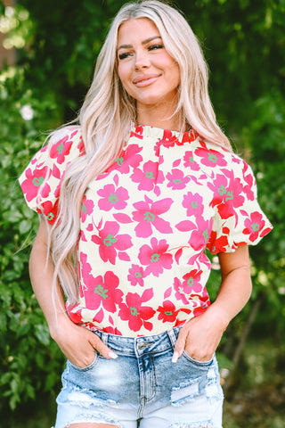 Floral Blouse with Puff Sleeves Frill Neckline