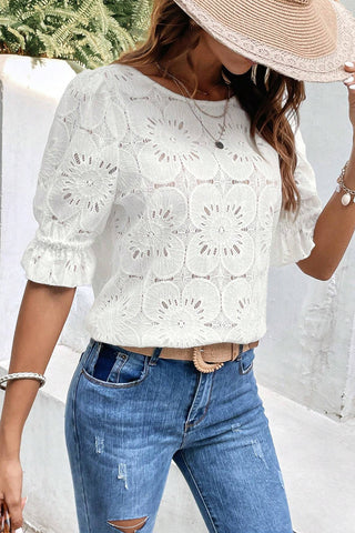 White Flower Eyelet Jacquard Keyhole Puff Sleeve Blouse - 3 Colors