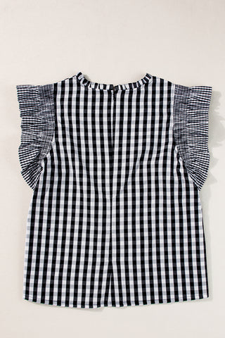 Checkered Blouse with Ruffle Trim Sleeves