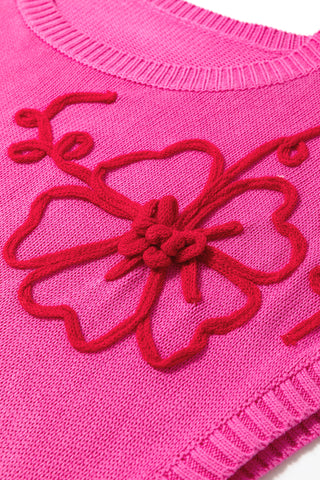 Hot Pink Knit Short Sleeve Top with Embrodiered Red Flowers