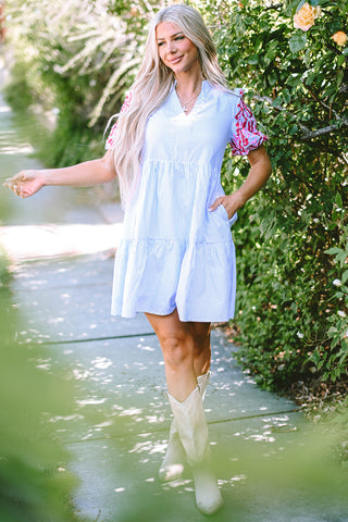 Sky Blue Stripe Floral Puff Sleeve Ruffle Tiered Dress - Alleure