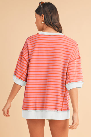 Black Stripe Contrast Trim Drop Sleeve Loose Top - Alleure