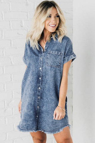 Wholesale Blue Mineral Wash Cuffed Sleeve Frayed Hem Denim Dress - Alleure