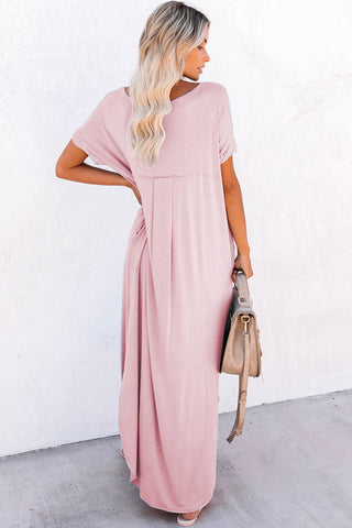 Pink Solid Color Hidden Pocket V Neck Slit Maxi Dress - Alleure