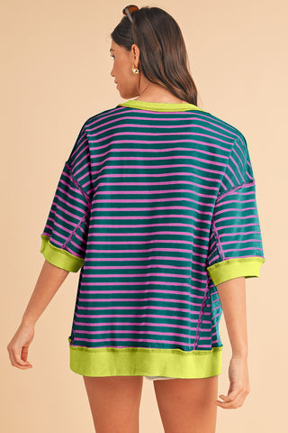 Black Stripe Contrast Trim Drop Sleeve Loose Top - Alleure