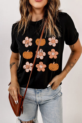 Black Pumpkin Flower Print Short Sleeve T Shirt