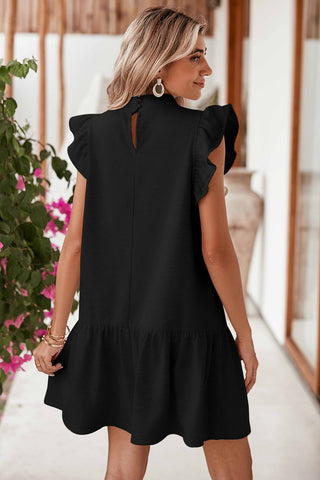 Black Solid Color Ruffle Hem Mini Sweatshirt Dress - Alleure