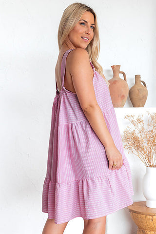 Wholesale Pink Striped Ruffle Hem Sleeveless Mini Flared Dress - Alleure