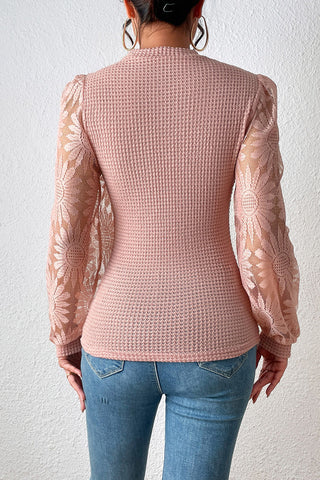 Waffle Knit Top Sunflower Detail Long Sleeves - 2 Colors