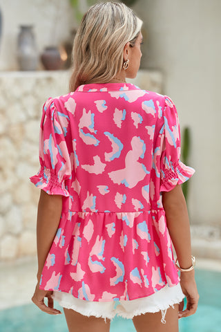 Pink Abstract Print Peplum Blouse Puff Sleeve V Neck