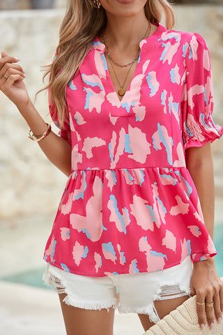 Pink Abstract Print Peplum Blouse Puff Sleeve V Neck