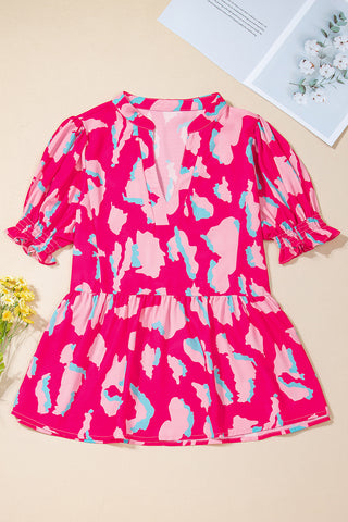 Pink Abstract Print Peplum Blouse Puff Sleeve V Neck