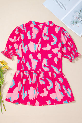 Pink Abstract Print Peplum Blouse Puff Sleeve V Neck