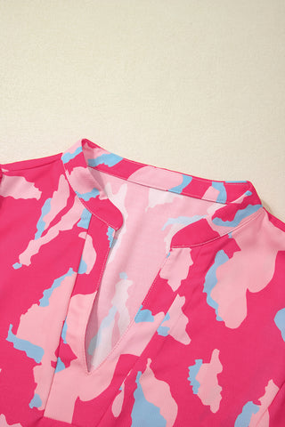 Pink Abstract Print Peplum Blouse Puff Sleeve V Neck