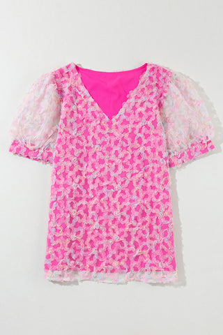 Pink Short Sleeve Blouse with Mesh Applique