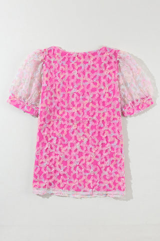 Pink Short Sleeve Blouse with Mesh Applique