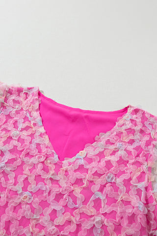 Pink Short Sleeve Blouse with Mesh Applique