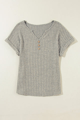 Ribbed Knit Top Notched V Neck Buttons