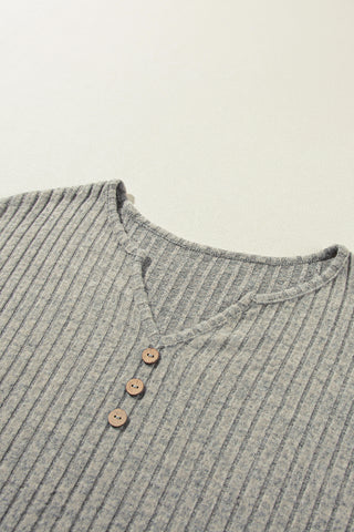 Ribbed Knit Top Notched V Neck Buttons