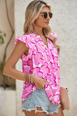 Floral Print V Neck Pleated Ruffle Blouse