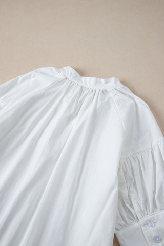 White Bubble Sleeve Blouse V Neck