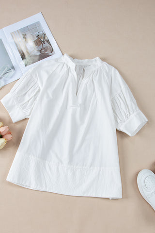 White Bubble Sleeve Blouse V Neck